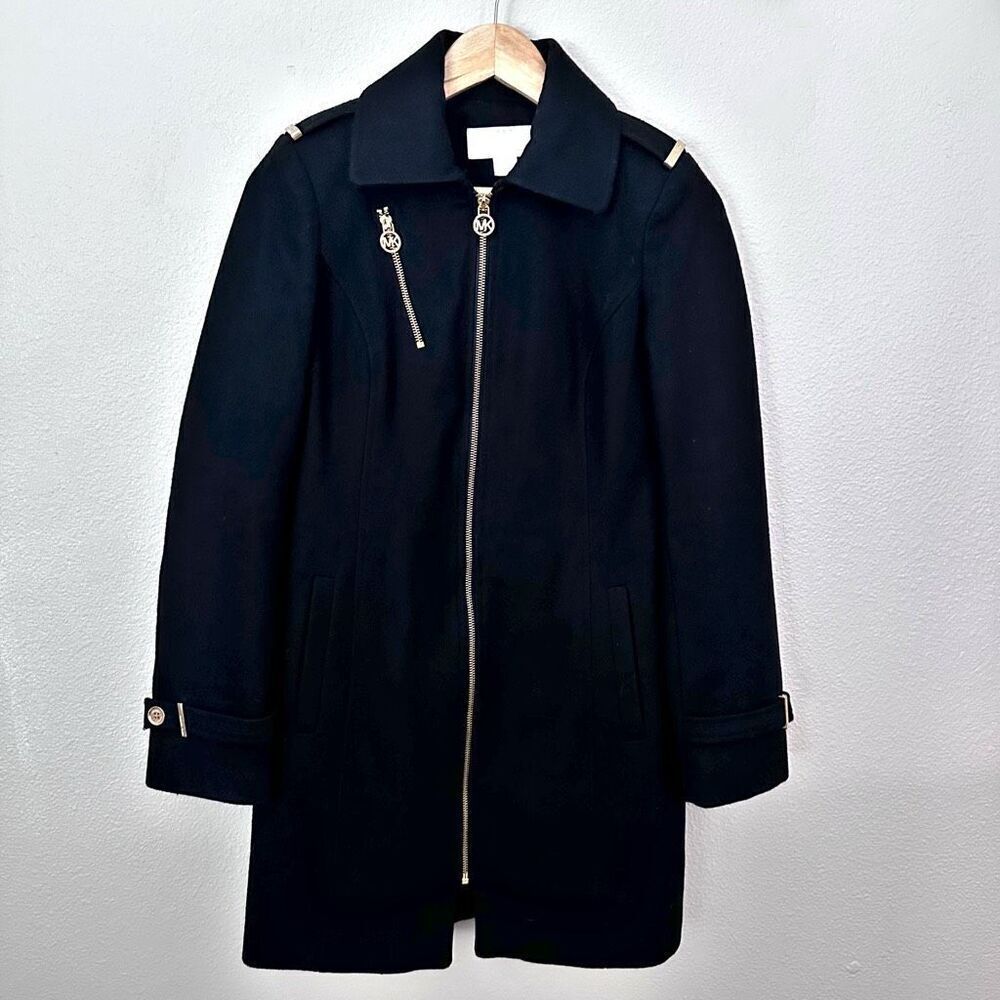 MICHAEL KORS | Black Pea‎ Coat Overcoat Wool Blend Gold Hardware | Small